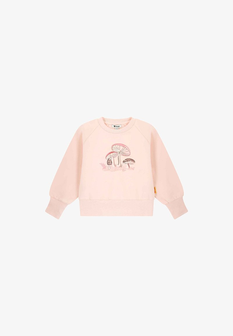 Roze sweatshirt met poffende mouwen, geribde manchetten en onderzoom. Kenmerkt een geborduurd ontwerp van paddenstoelen op de voorkant. Zacht materiaal.