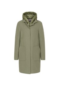 Olivgrüner Mantel mit strukturierter Oberfläche, zwei vorderen Taschen, einem Reverskragen und einer puffy, abnehmbaren Kapuze aus glänzendem Material.