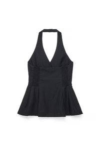 Top negro sin mangas de tipo halter con escote en V profundo, paneles laterales fruncidos y dobladillo acampanado.
