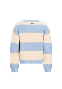 Sweter robiony na drutach z poziomymi paskami w jasnoniebieskim i kremowym kolorze. Okrągły dekolt i ściągacze dodają tekstury. Casualowy krój.