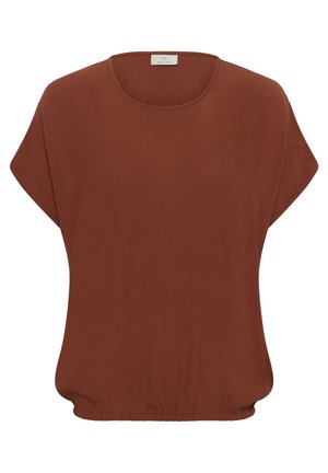 Blouse marron rouille à manches courtes avec col rond et bas élastiqué, fabriquée en tissu léger texturé.