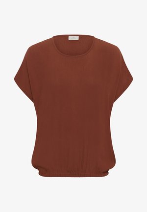 Blouse marron rouille à manches courtes avec col rond et bas élastiqué, fabriquée en tissu léger texturé.