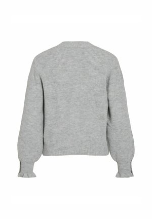 Pull en tricot gris avec une texture douce, dotée de manches longues légèrement bouffantes et d'un col rond. Bas des manches avec des volants.