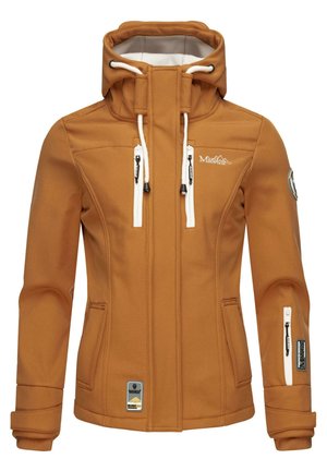 Brown softshell jacket featuring a high collar, adjustable hood, zippered pockets, white accents, and logo detail on the chest and sleeve.
