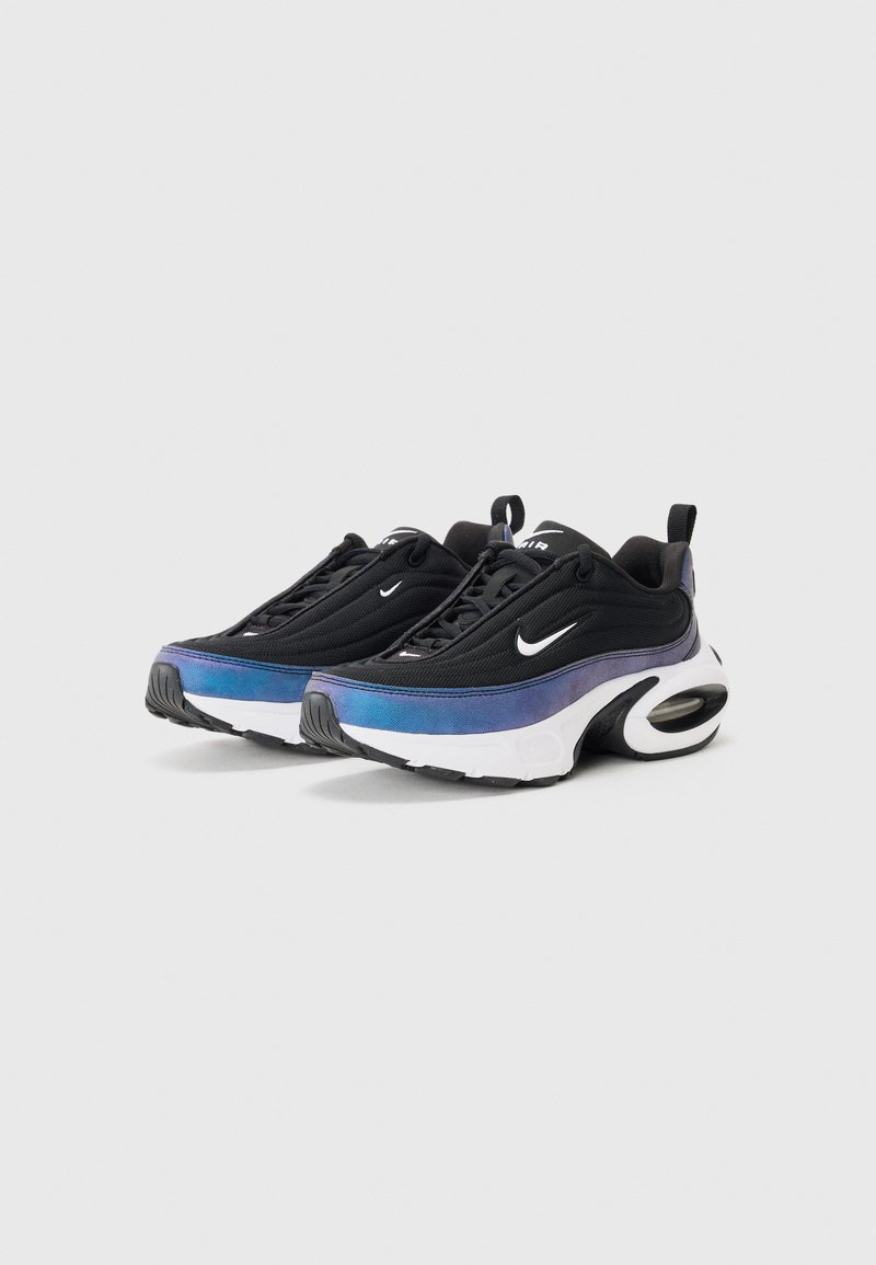 Black Nike Air Max shoes with a gradient blue-purple midsole, mesh upper, and a white sole featuring a visible air cushioning unit.