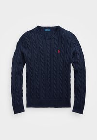 Navy blue knitted cable stitch sweater with a crew neckline and ribbed cuffs. Features a small red horse logo on the left chest.
