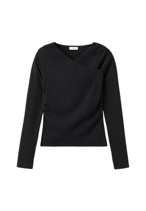 Haut noir à manches longues en tissu doux, avec un design en enveloppe et des fronces sur le côté, col en V et silhouette ajustée.