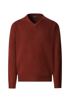 Sveter s výstrihom do V v tmavo červenej farbe, vyrobený z mäkkej pleteniny. Má rebrované manžety a lem, a na hrudi je malý logový akcent.