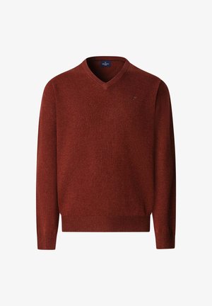 V-neck sweater in deep red, made from a soft knit material. Features ribbed cuffs and hem, with a small logo accent on the chest.