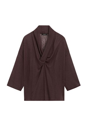 Dunkelbraunes, langärmliges Oberteil mit weitem Kragen und gedrehter Drapierung vorne, lockere Passform und weiche Stoffstruktur.