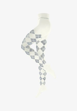 Collants blancs ornés d'un motif géométrique en losanges de teintes bleues, avec une texture lisse et une coupe ajustée.
