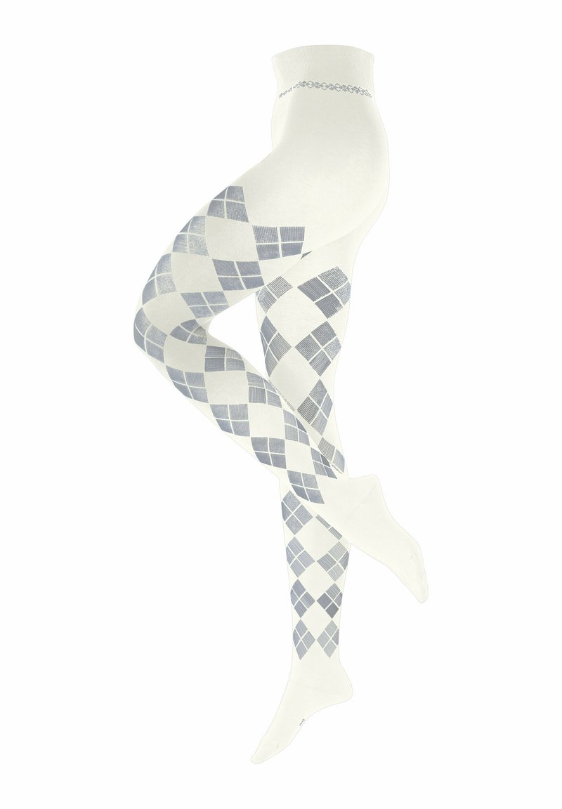 Collant bianchi con un motivo geometrico a diamante in diverse sfumature di blu, con una texture liscia e un design aderente.