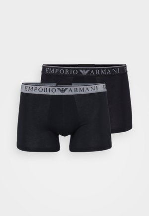Black boxer briefs set, featuring a soft fabric and elastic waistband with "Emporio Armani" branding in silver. Includes two pairs.