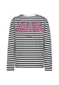 Langärmliges Hemd mit navyblauen und weißen Streifen. Auf der Rückseite mit pinkem Drucktext "LIEBE HAT VIELE GESICHTER" und "GLAUBE AN GLÜCKLICHE ENDEN".