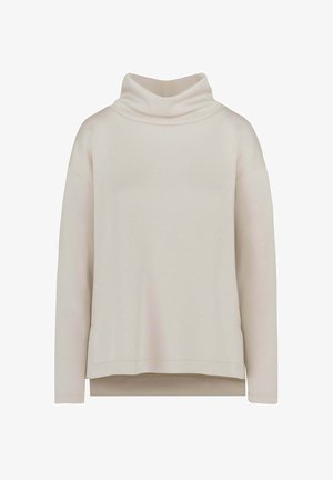 Maglione a collo alto color crema con una texture morbida, vestibilità rilassata, spalle cadute e un colletto alto e piegato per un maggiore comfort.