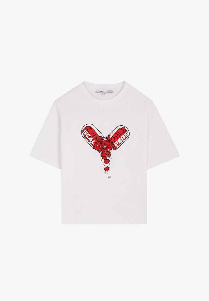 T-shirt en coton blanc avec un design graphique de cœurs rouges débordant de deux formes de capsules avec le texte "SCALPERS". Manches courtes, coupe décontractée.