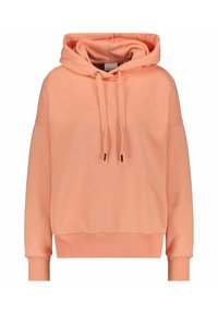 Sudadera con capucha de tela coral clara y ajuste holgado. Presenta cordones con puntas doradas y puños y dobladillo acanalados.