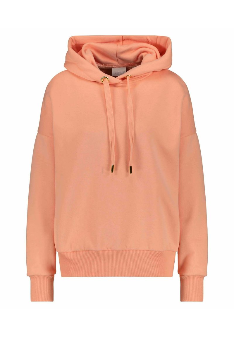 Sudadera con capucha de tela coral clara y ajuste holgado. Presenta cordones con puntas doradas y puños y dobladillo acanalados.