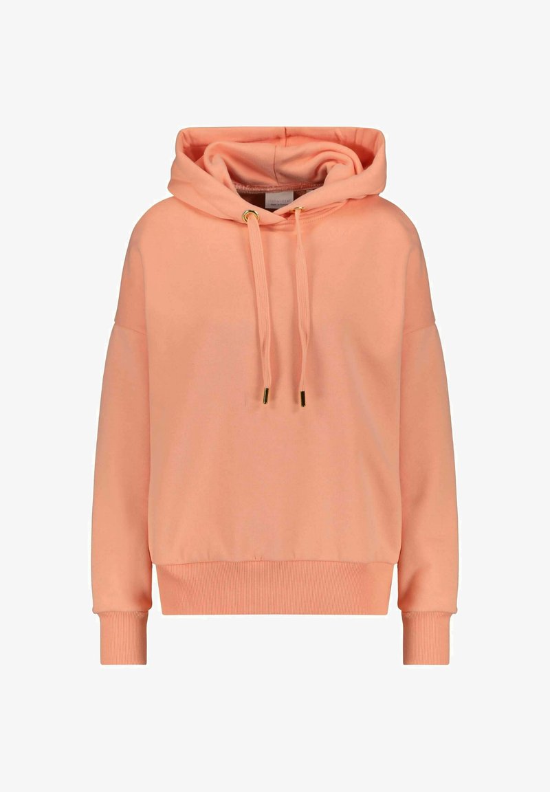 Sudadera con capucha de tela coral clara y ajuste holgado. Presenta cordones con puntas doradas y puños y dobladillo acanalados.