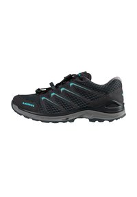 Black athletic shoe with mesh upper, turquoise accents, rubber sole, and secure lacing system. Lightweight design for outdoor use.