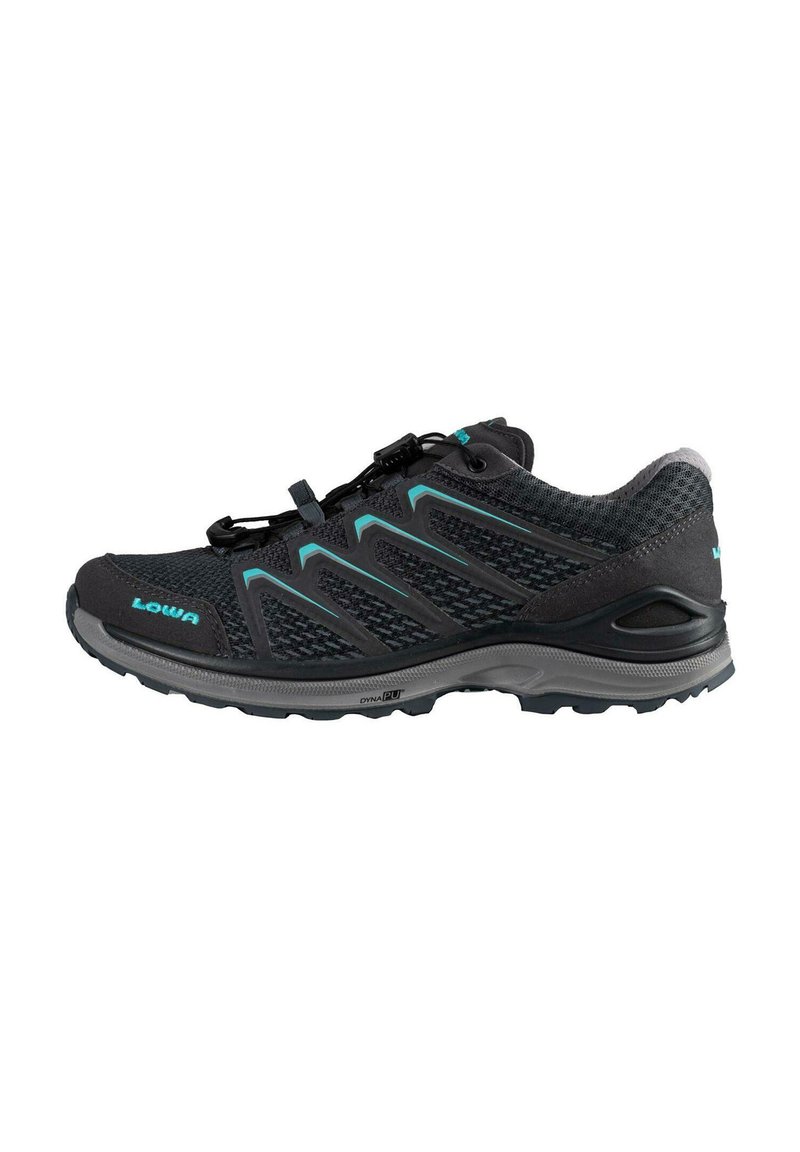 Black athletic shoe with mesh upper, turquoise accents, rubber sole, and secure lacing system. Lightweight design for outdoor use.