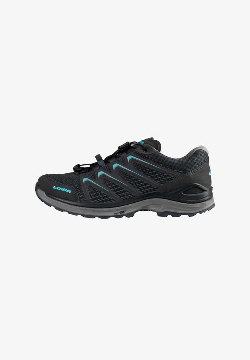 Black athletic shoe with mesh upper, turquoise accents, rubber sole, and secure lacing system. Lightweight design for outdoor use.