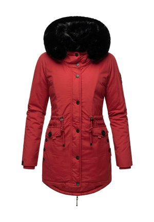 Red parka jacket with black faux fur hood, zip and button closures, two front pockets, adjustable waist drawstring, and ribbed cuffs.
