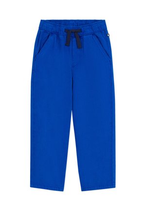 Blaue Baumwollhose mit elastischem Bund und schwarzem Kordelzug. Ausgestattet mit zwei Seitentaschen und geraden, leicht taillierten Beinen.