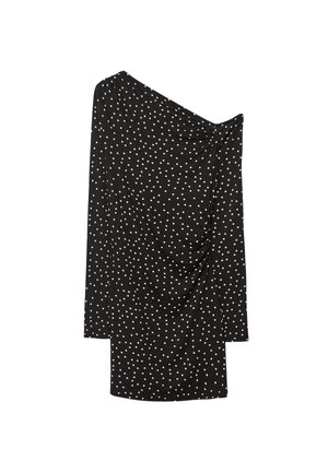 Top nero a maniche lunghe con pois bianchi, caratterizzato da un design drappeggiato e scollo off-shoulder. Tessuto morbido con una texture liscia.