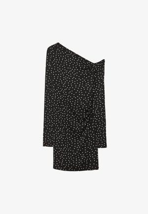 Top nero a maniche lunghe con pois bianchi, caratterizzato da un design drappeggiato e scollo off-shoulder. Tessuto morbido con una texture liscia.