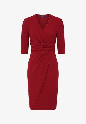 Robe rouge midi à enveloppe avec manches aux coudes, décolleté en V et détail de taille froncée.