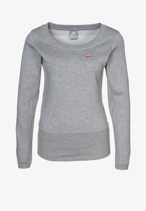 Felpa grigia a maniche lunghe realizzata in un morbido tessuto, con scollo rotondo e un piccolo logo Nike rosa sul petto.