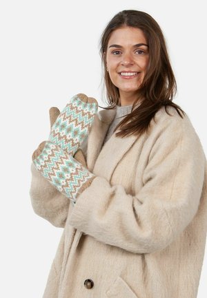 Knit mittens featuring a zigzag pattern in turquoise, brown, and cream. Soft texture with contrasting knitted edges.