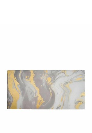 Rectangular mat with a marbled pattern in gray, white, and gold swirling colors on a plain white background.