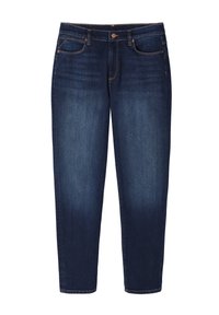 Dark denim jeans with a straight-leg fit, featuring a medium wash, classic five-pocket design, and contrast stitching details.