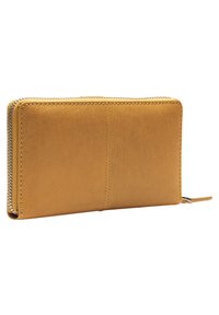 Yellow leather wallet with a smooth texture, zip closure, and stitched accents. It features a rectangular shape and minimalistic design.