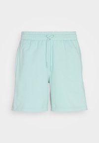 Vaaleansiniset puuvillahousut, joissa on joustava vyötärö, säädettävä nauha ja pieni logoprintti alahelassa.