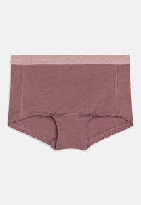 Lila bomull boyshorts med en mjuk, elastisk midja som har rosa och guld randiga detaljer. Sömlösa kanter och en mjuk yta.