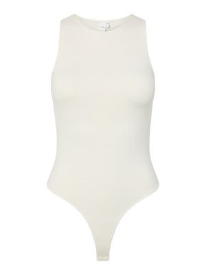 Mouwloze bodysuit van zacht, gebroken wit materiaal; heeft een hoge hals, een aansluitend ontwerp en een thongmodel aan de onderkant. Glad textuur.