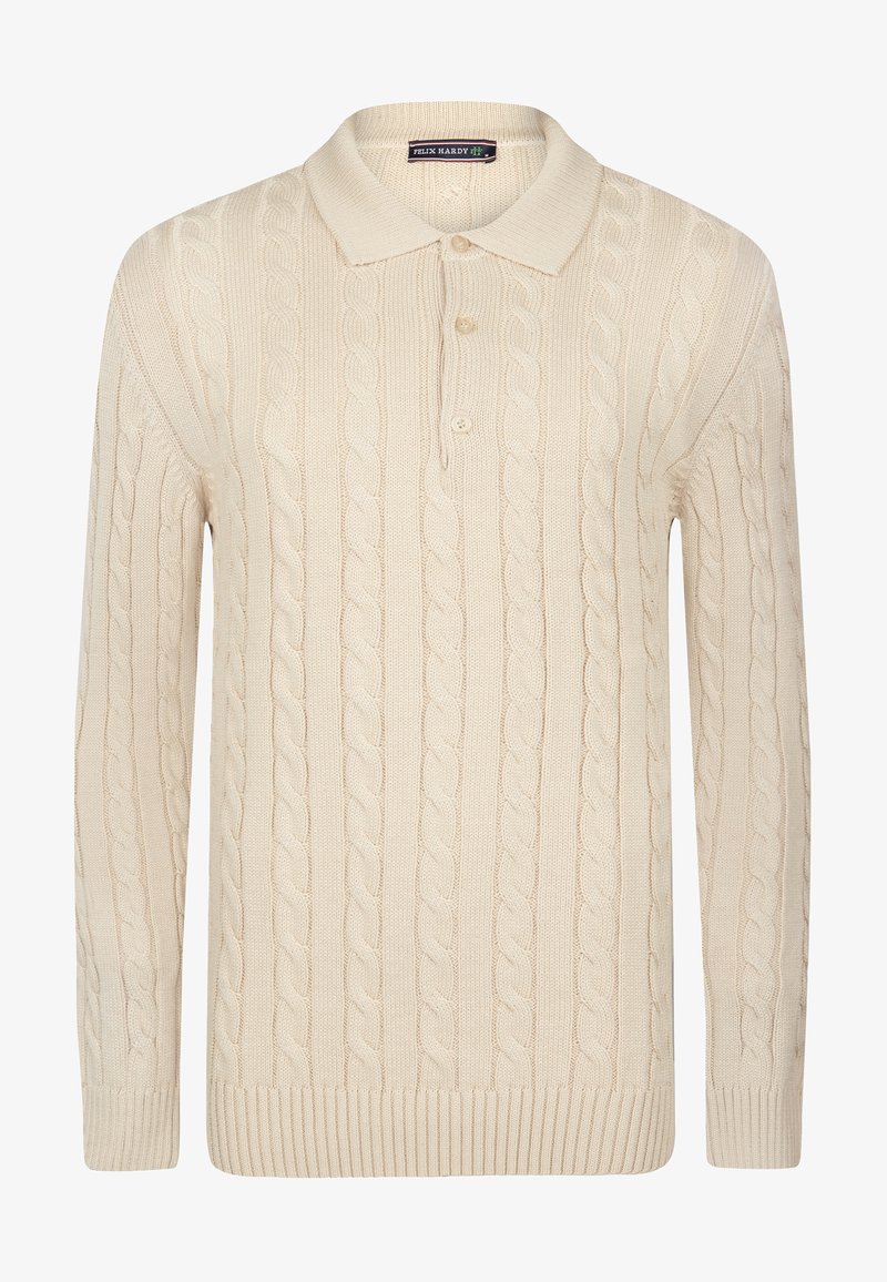 Beige knitted polo sweater with a cable pattern, three-button placket, and ribbed cuffs and hem. Soft texture and relaxed fit.
