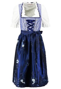 Robe dirndl bleu et blanc avec un corsage ajusté et un devant lacé, des manches bouffantes, une jupe en satin avec une broderie florale et un nœud assorti.