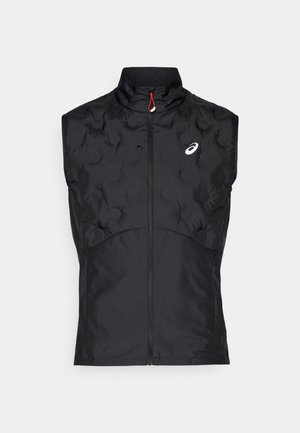 Black sleeveless vest with a high collar, front zipper, textured quilted pattern, and a small white logo on the left chest.
