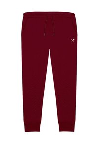 Bordowe spodnie dresowe wykonane z miękkiego materiału, wyposażone w kieszenie po bokach, elastyczny pas z troczkiem i niewielki akcent w postaci logo.