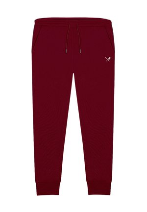 Pantalones deportivos burdeos hechos de tela suave, con bolsillos laterales, cinturilla elástica con cordón y un pequeño detalle de logo.