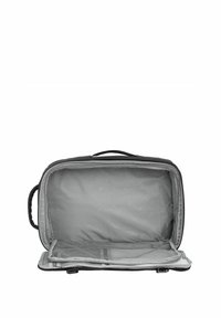 Czarna torba podróżna z przestronnym szarym wnętrzem, z siateczkową kieszonką i zamknięciem na zamek. Materiał wydaje się być trwały i usztywniony.