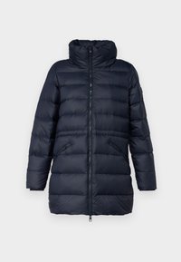Navy puffer jacket with a high collar, quilted design, and zippered front. Features two zippered side pockets and long sleeves.