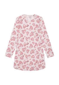 Long-sleeve dress in soft pink fabric with an all-over heart pattern in darker pink and coral accents. Rounded neckline, relaxed fit.