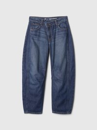 Denim jeans with a loose fit, in dark blue, featuring standard pockets, a button fly, and visible stitching details on the legs.