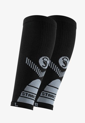 Manchons de compression noirs avec des accents gris clair, présentant une texture côtelée, un design de logo et des motifs variés sur le tissu. Taille : L.