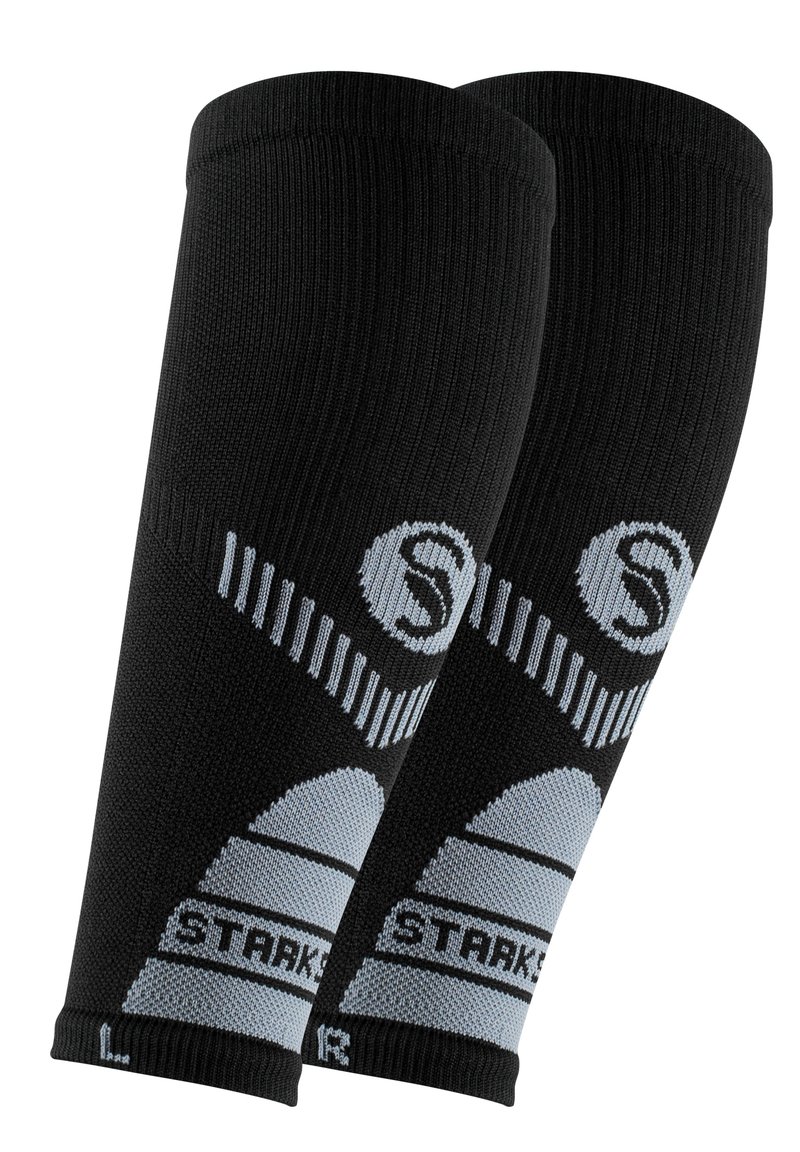 Maniche a compressione nere con accenti grigio chiaro, caratterizzate da una texture a coste, design del logo e modelli variabili sulla stoffa. Taglia: L.